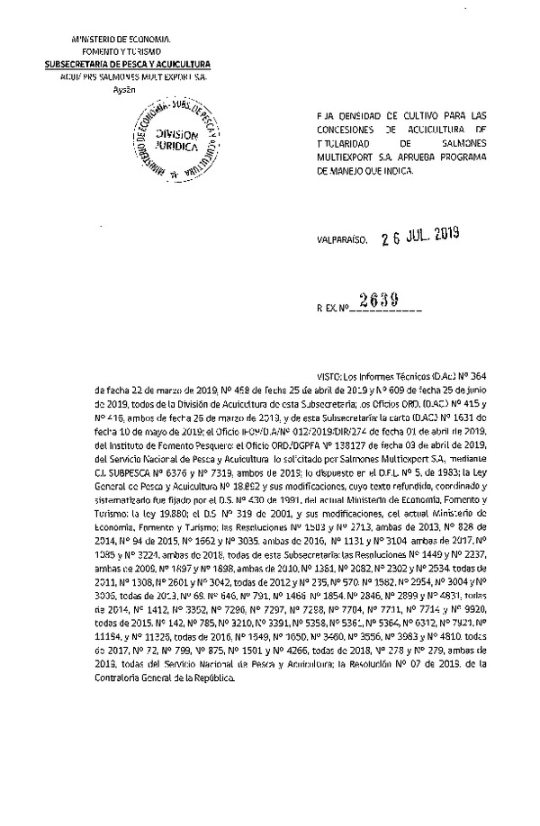 Res. Ex. N° 2639-2019 Fija Densidad de Cultivo para la Agrupación de Concesiones de Multiexport S.A. (Con Informe Técnico) (Publicado en Página Web 30-07-2019)