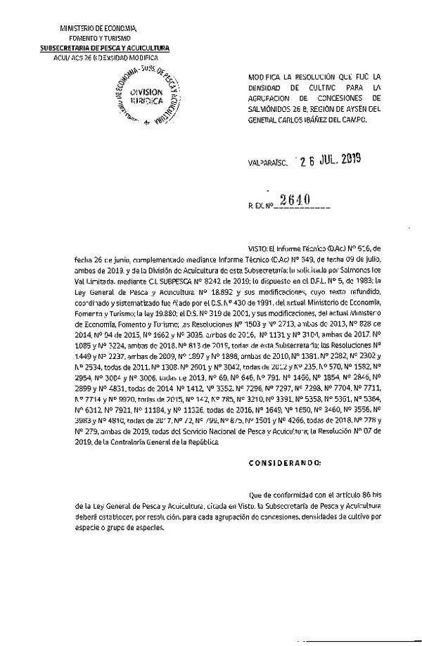 Res. Ex. N° 2640-2019 Modifica Res. Ex. N° 813-2019 Fija Densidad de Cultivo para la Agrupación de Concesiones de Salmónidos 26B, Región de Aysén del General Carlos Ibañez del Campo (Con Informe Técnico) (Publicado en Página Web 30-07-2019)