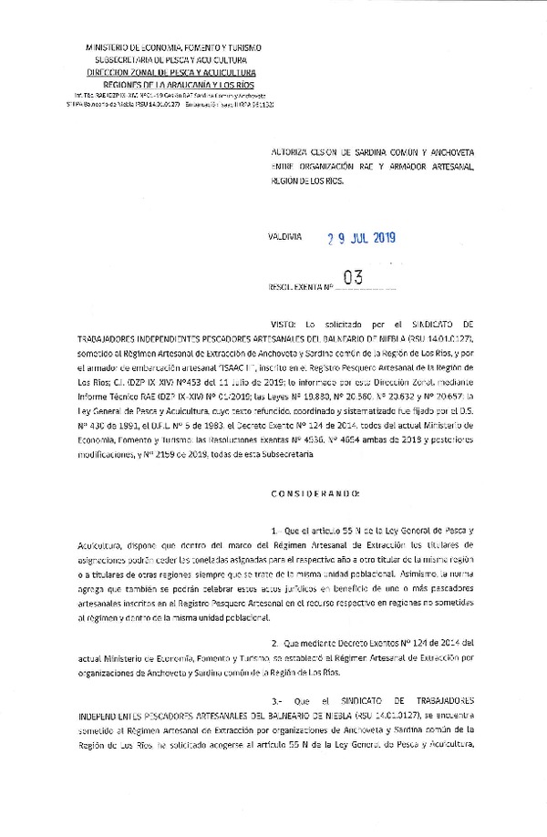 Res. Ex. N° 03-2019 (DZP La Araucanía y Los Ríos) Autoriza cesión sardina común y anchoveta, Región de Los Ríos.