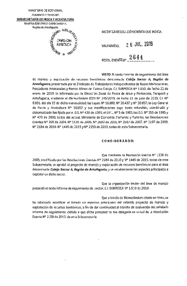 Res. Ex. N° 2644-2019 Modifica Res. Ex. N° 1136-2005.