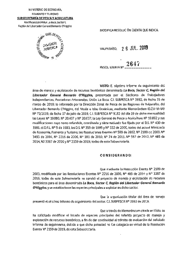 Res. Ex. N° 2647-2019 Modifica Res. Ex. N° 2189-2003.