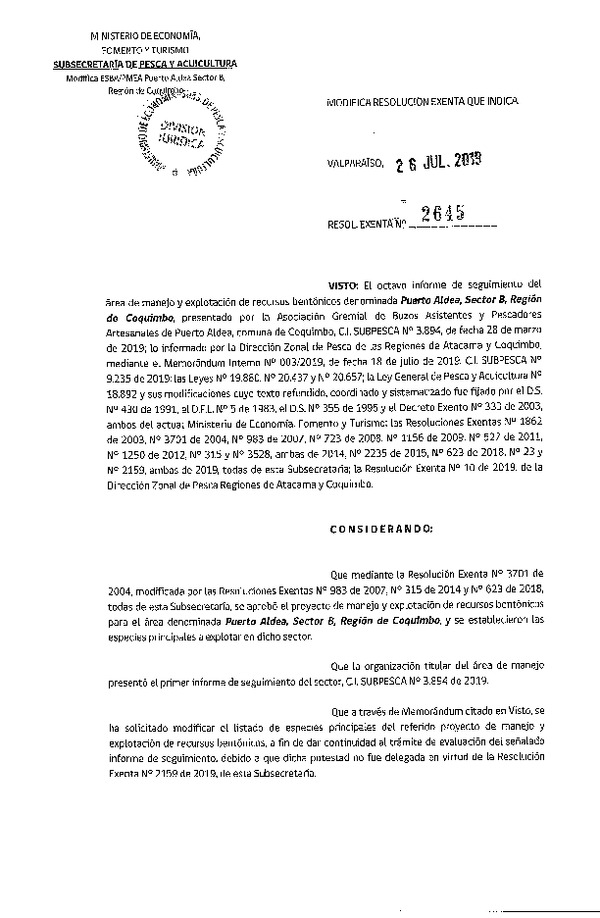 Res. Ex. N° 2645-2019 Modifica Res. Ex. N° 3701-2004.