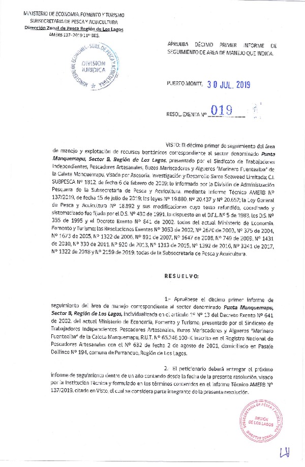 Res. Ex. N° 19-2019 (DZP Región de Los Lagos) 11° Seguimiento.