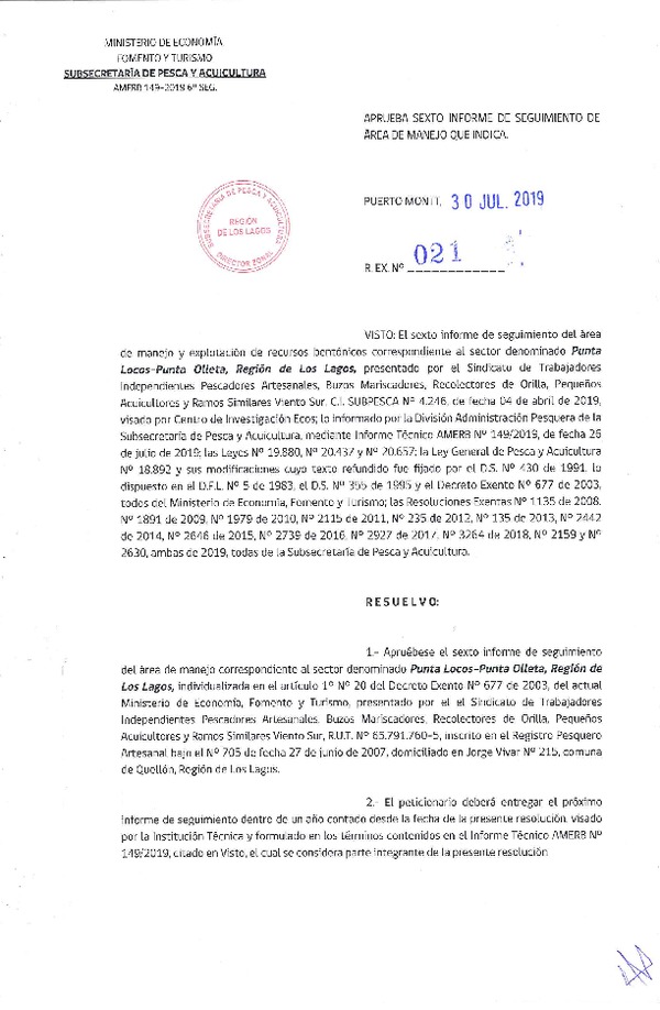 Res. Ex. N° 21-2019 (DZP Región de Los Lagos) 6° Seguimiento.