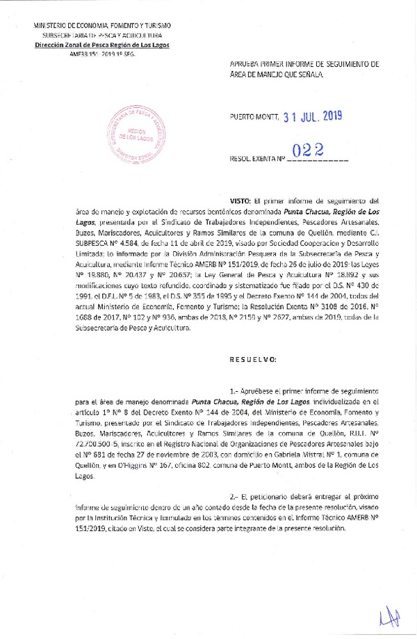 Res. Ex. N° 22-2019 (DZP Región de Los Lagos) 1° Seguimiento.