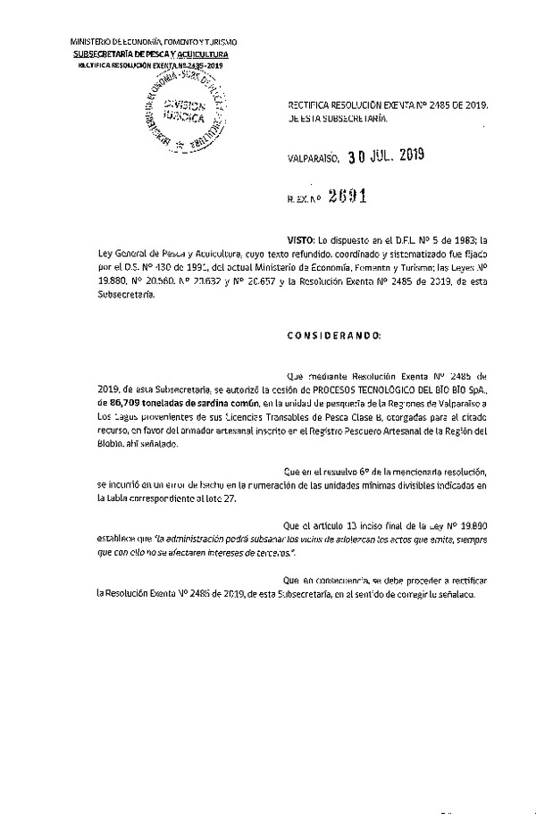 Res. Ex. N° 2691-2019 Rectifica Res. Ex. N° 2485-2019 Autoriza cesión pesquería Sardina común, Regiones de Valparaíso a Los Lagos.