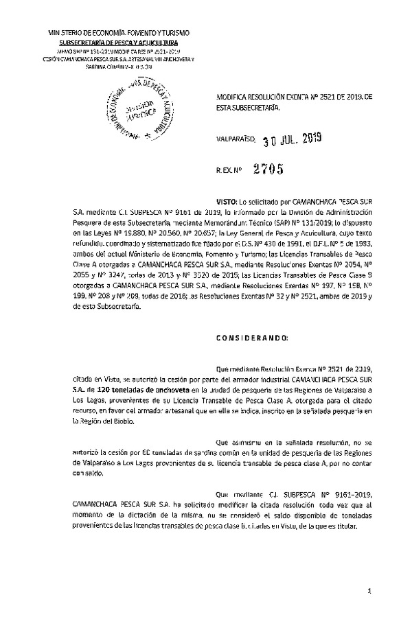 Res. Ex. N° 2705--2019 Modifica Res. Ex. N° 2521-2019 Autoriza cesión pesquería Anchoveta y Sardina común, Regiones de Valparaíso a Los Lagos.