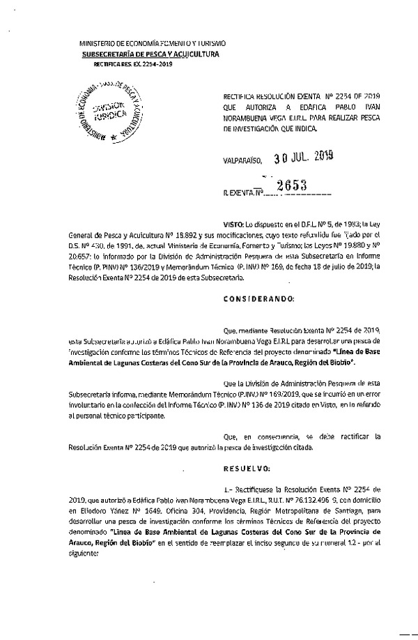 Res. Ex. N° 2653-2019 Rectifica Res. Ex. N° 2254-2019 Línea de base ambiental.