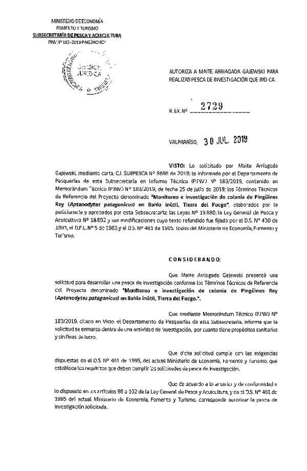 Res. Ex. N° 2729-2019 Monitoreo e investigación de colonia de Pingüinos Rey.