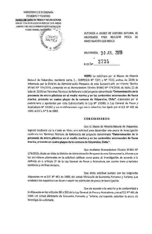 Res. Ex. N° 2735-2019 determinación de la presencia de micro plásticos en el medio marino.