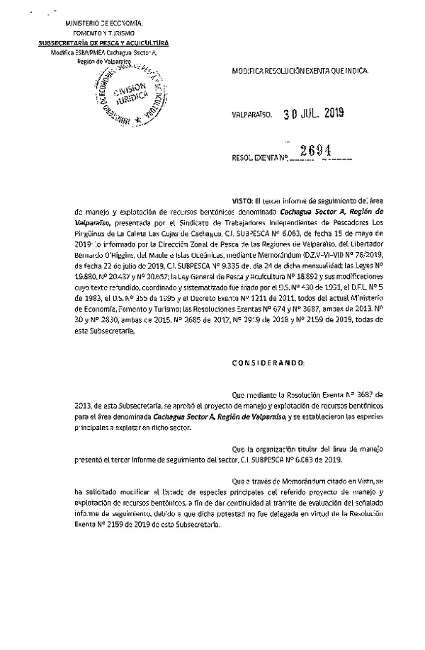 Res. Ex. N° 2694-2019 Modifica Res. Ex. N° 3687-2013.