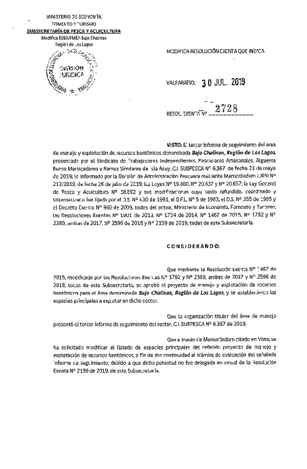 Res. Ex. N° 2728-2019 Modifica Res. Ex. N° 1467-2015.