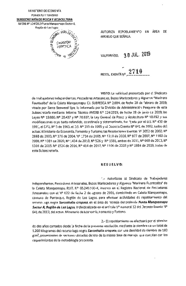 Res. Ex. N° 2710-2019 Autoriza repoblamiento.