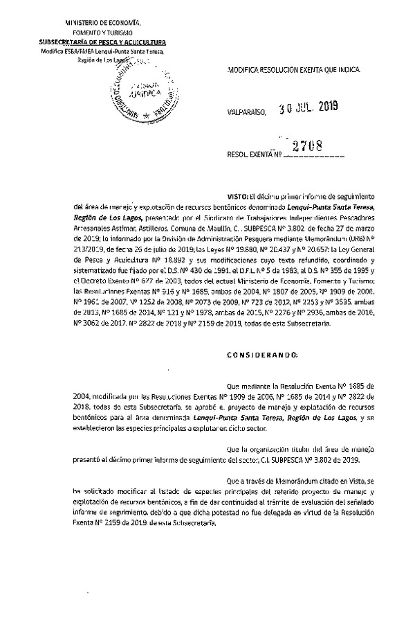 Res. Ex. N° 2708-2019 Modifica Res. Ex. N° 1685-2019.