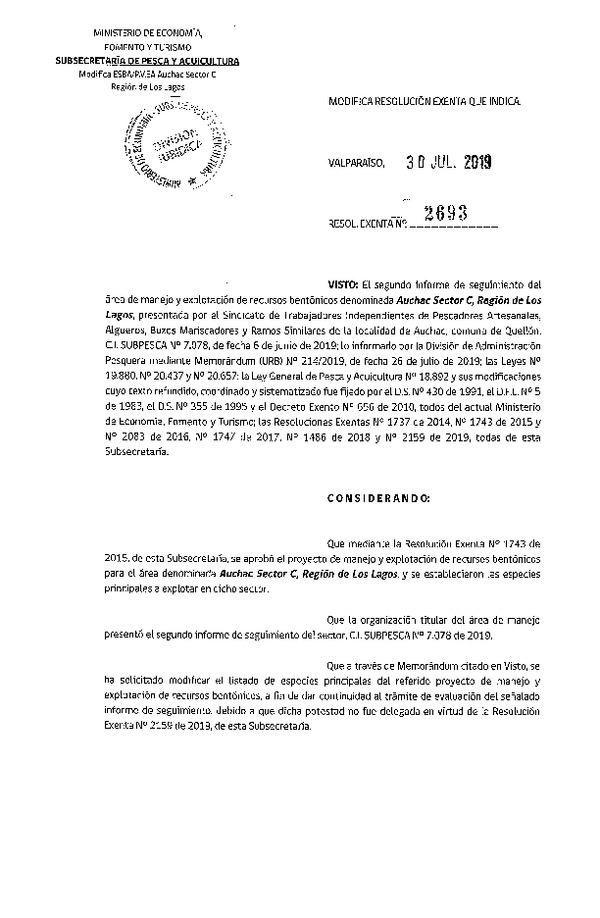 Res. Ex. N° 2693-2019 Modifica Res. Ex. N° 1743-2015.