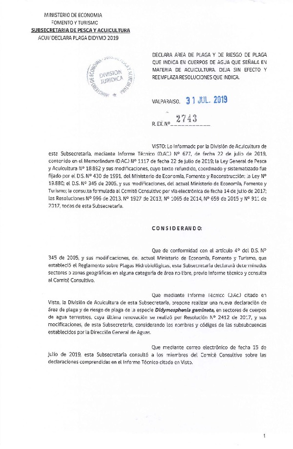 Res. Ex. N° 2743-2019 Declara Área de Plaga y de Riesgo de Plaga que Indica, en Cuerpos de Agua de la Región de la Araucanía a Región de Magallanes (Publicado en Página Web 05-08-2019) (F.D.O. 12-08-2019)