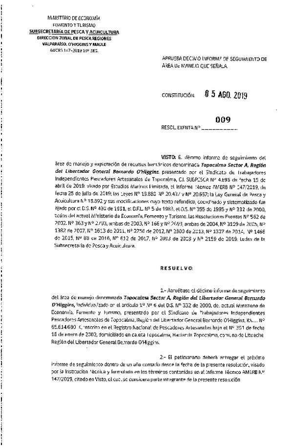 Res. Ex. N° 09-2019 (DZP Regiones Valparaíso, O'Higgins y del Maule) 10° Seguimiento.