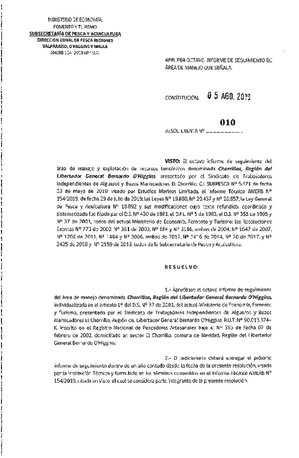 Res. Ex. N° 10-2019 (DZP Regiones Valparaíso, O'Higgins y del Maule) 8° Seguimiento.