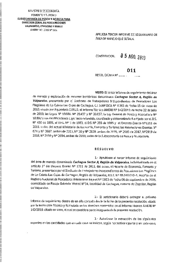 Res. Ex. N° 11-2019 (DZP Regiones Valparaíso, O'Higgins y del Maule) 3° Seguimiento.