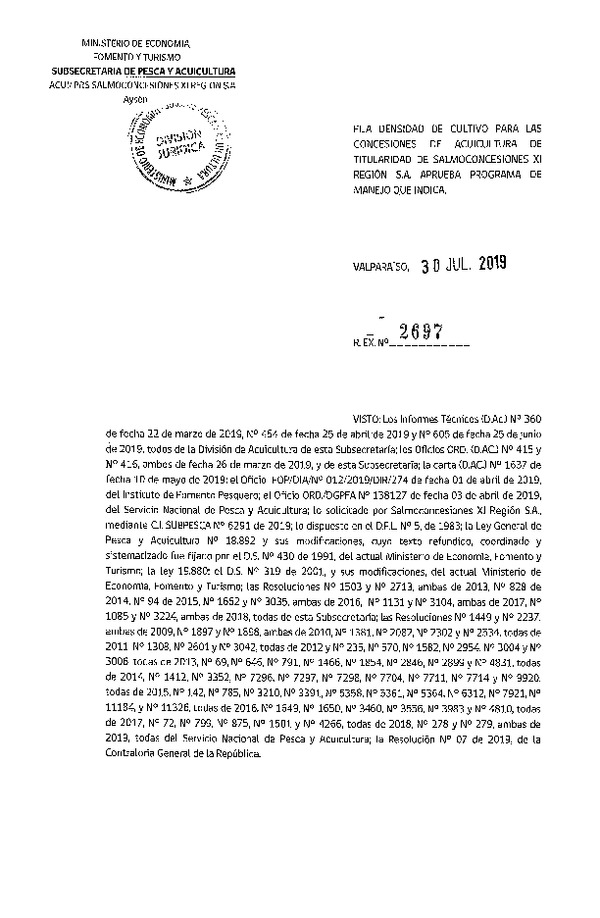 Res. Ex. N° 2697-2019 Fija Densidad de Cultivo para la Concesiones de Salmoconcesiones XI Región S.A. (Con Informe Técnico) (Publicado en Página Web 05-08-2019)