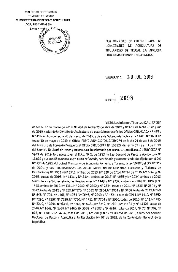 Res. Ex. N° 2698-2019 Fija Densidad de Cultivo para la Concesiones de Trusal S.A. (Con Informe Técnico) (Publicado en Página Web 05-08-2019)