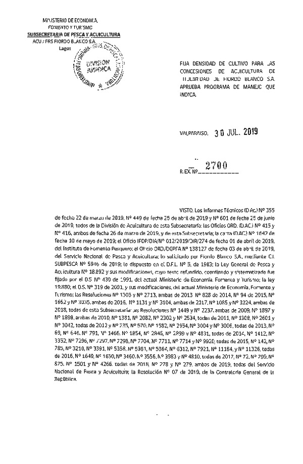 Res. Ex. N° 2700-2019 Fija Densidad de Cultivo para la Concesiones de Fiordo Blanco S.A. (Con Informe Técnico) (Publicado en Página Web 05-08-2019)