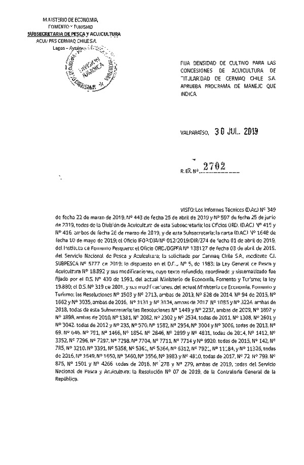 Res. Ex. N° 2702-2019 Fija Densidad de Cultivo para la Concesiones de Cermaq Chile S.A. (Con Informe Técnico) (Publicado en Página Web 05-08-2019)