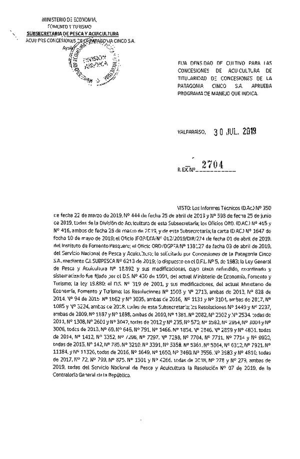 Res. Ex. N° 2704-2019 Fija Densidad de Cultivo para la Concesiones de Patagonia Cinco S.A. (Con Informe Técnico) (Publicado en Página Web 05-08-2019)