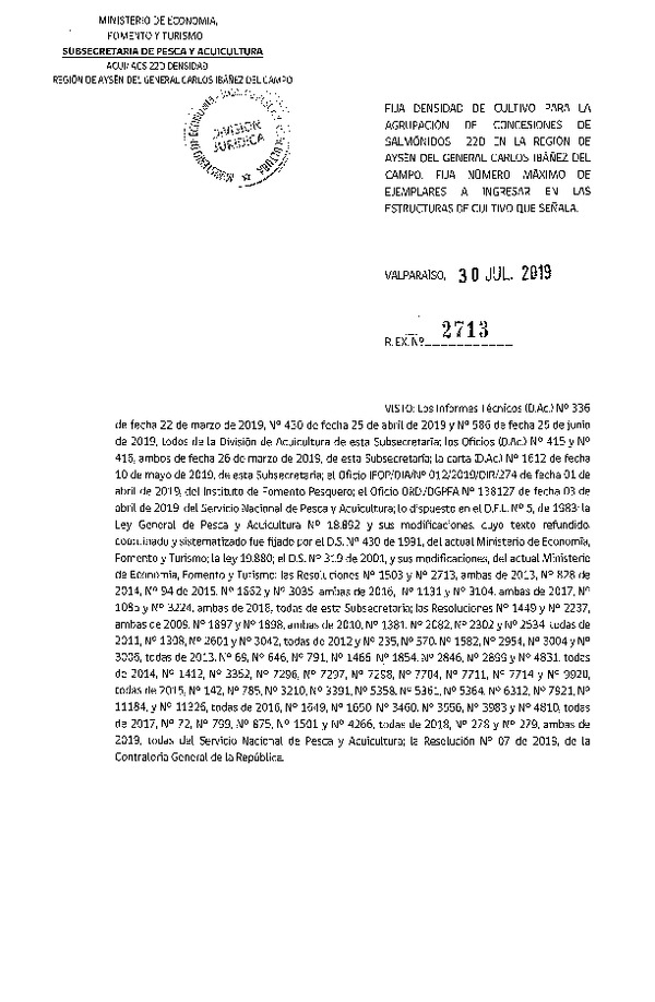 Res. Ex. N° 2713-2019 Fija Densidad de Cultivo para la Agrupación de Concesiones de Salmónidos 22D, Región de Aysén del General Carlos Ibañez del Campo (Con Informe Técnico) (Publicado en Página Web 05-08-2019)(F.D.O. 09-08-2019)