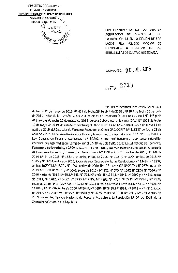 Res. Ex. N° 2730-2019 Fija Densidad de Cultivo para la Agrupación de Concesiones de Salmónidos 14, Región de Los Lagos (Con Informe Técnico) (Publicado en Página Web 05-08-2019) (F.D.O. 09-08-2019)