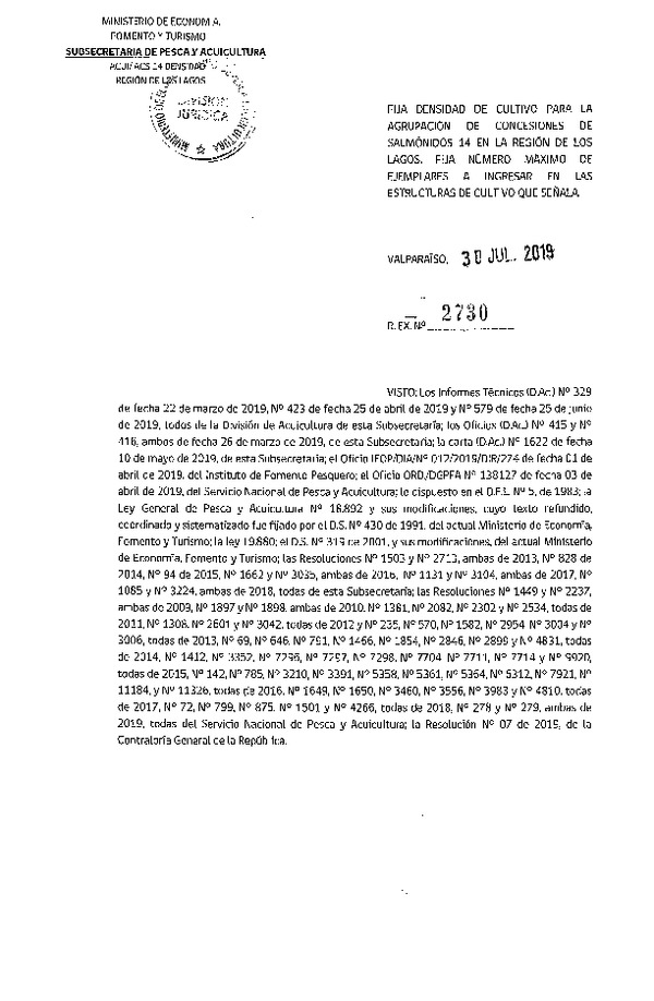 Res. Ex. N° 2730-2019 Fija Densidad de Cultivo para la Agrupación de Concesiones de Salmónidos 14, Región de Los Lagos (Con Informe Técnico) (Publicado en Página Web 05-08-2019) (F.D.O. 09-08-2019)