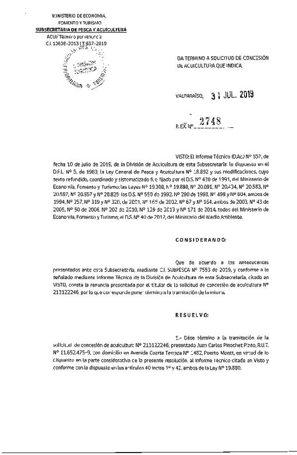 Res. Ex. N° 2748-2019 Da termino a solicitud de concesión de acuicultura que indica.