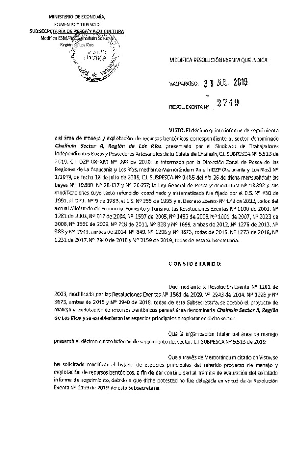 Res. Ex. N° 2749-2019 Modifica Res. Ex. N° 1281-2003.