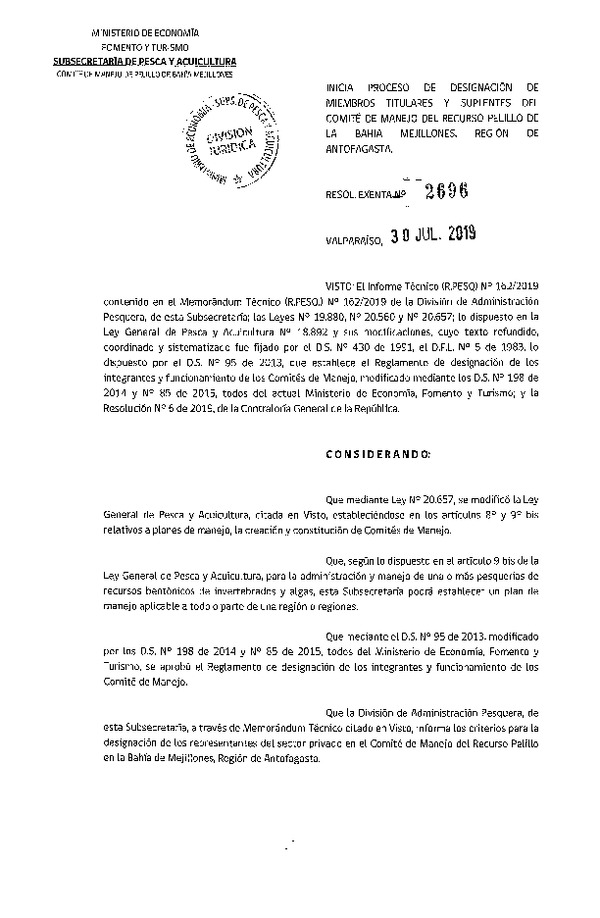 Res. Ex. N° 2696-2019 Inicia Proceso de Renovación de Miembros Titulares y Suplentes, del Comité de manejo de Pelillo de la Bahía Mejillones, Región de Antofagasta. (Con Informe Técnico)(Publicado en Página Web 06-08-2019) (F.D.O. 09-08-2019)