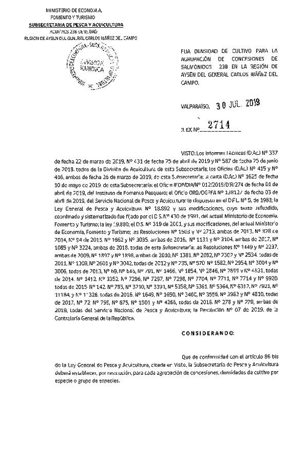 Res. Ex. N° 2714-2019 Fija Densidad de Cultivo para la Agrupación de Concesiones de Salmónidos 23B, Región de Aysén del General Carlos Ibañez del Campo (Con Informe Técnico) (Publicado en Página Web 06-08-2019) (F.D.O. 09-08-2019)