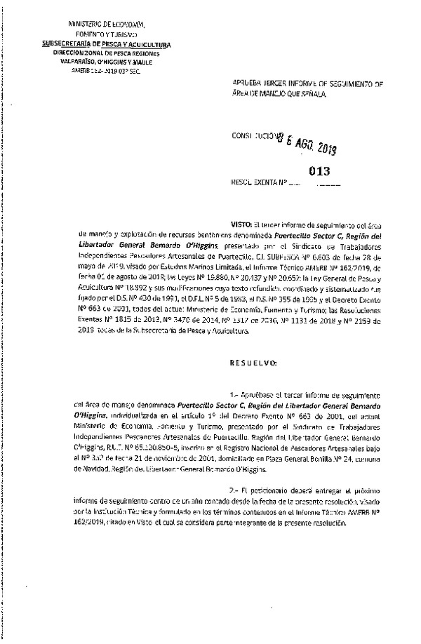 Res. Ex. N° 13-2019 (DZP Valparaíso O'Higgins y del Maule) 3° Seguimiento.