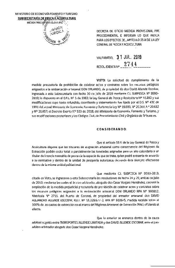 Res. Ex. N° 2744-2019 Decreta de Oficio Medida Provisional Pre Procedimental e Informa lo que Indica los Efectos del Artículo 55 N de la LGPA. (Publicado en Página Web 06-08-2019)