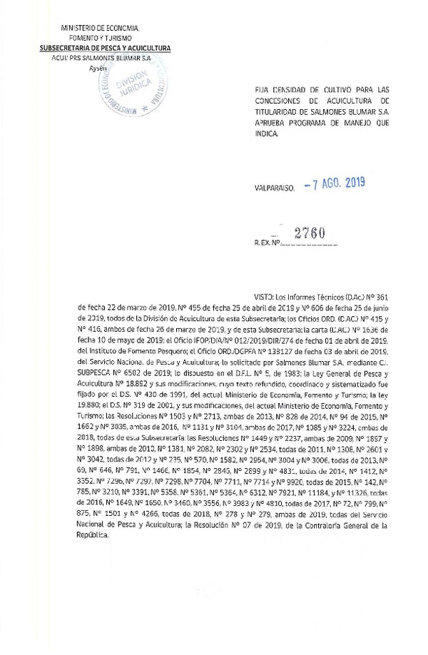 Res. Ex. N° 2760-2019 Fija Densidad de Cultivo para la Concesiones de Salmones Blumar S.A. (Con Informe Técnico) (Publicado en Página Web 07-08-2019)