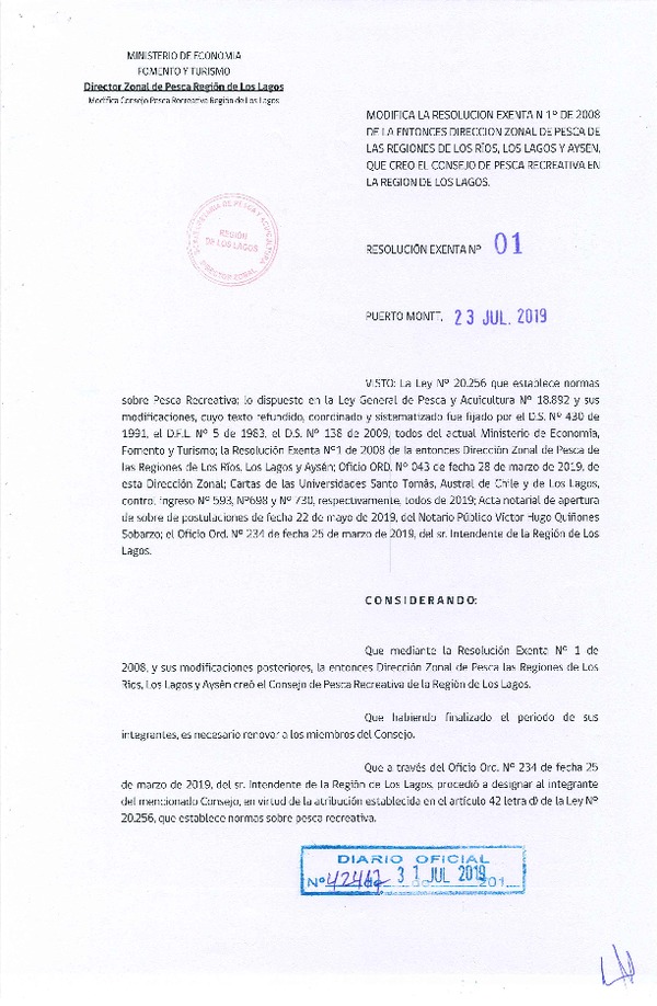 Res. Ex. 1-2019 (DZP Región de Los Lagos) Modifica Res. Ex. N° 1-2008 Crea Consejo de Pesca Recreativa en la Región de Los Lagos. (F,D.O. 31-07-2019)