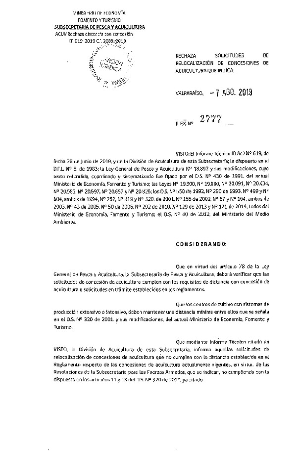 Res. Ex. N° 2777-2019 Rechaza solicitudes de relocalización de concesiones de acuicultura que indica.