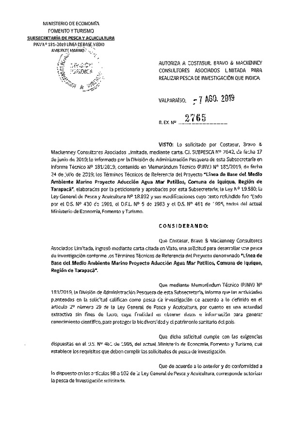 Res. Ex. N° 2765-2019 Línea de base del medio ambiente marino.