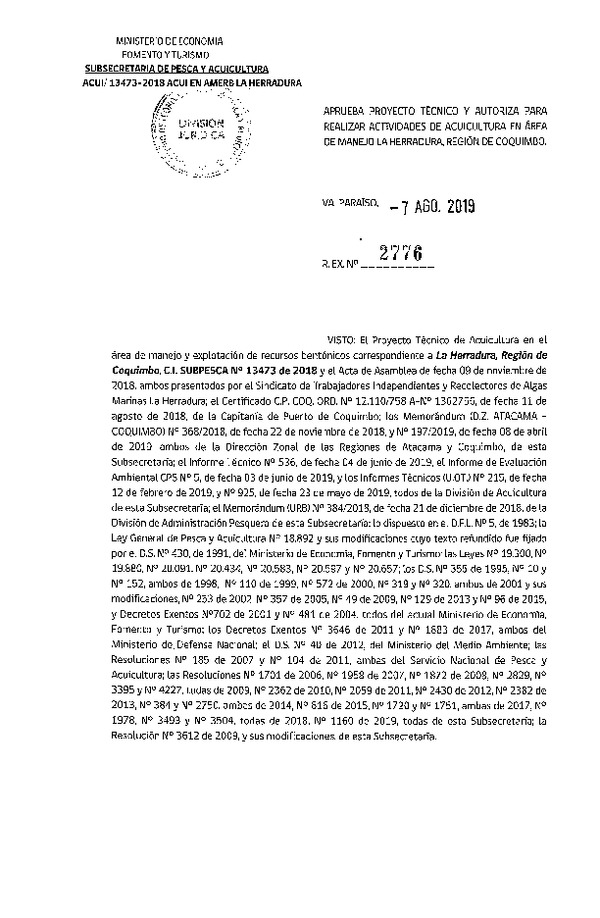 Res. Ex. N° 2776-2019 Aprueba proyecto técnico y autoriza para realizar actividades de acuicultura en área de manejo La Herradura, Región de Coquimbo. (Publicado en Página Web 08-08-2019)