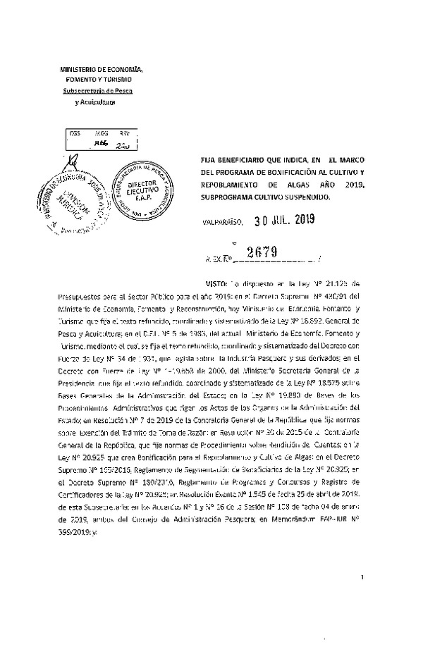 Res. Ex. N° 2679-2019 Fija beneficiario que indica, en el marco del programa de bonificación al cultivo y repoblamiento de algas año 2019, subprograma cultivo suspendido. (Publicado en Página Web 08-08-2019)