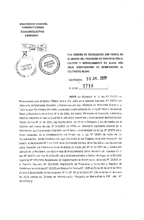 Res. Ex. N° 2719-2019 Fija nómina de rechazados que indica, en el marco del programa de bonificación al cultivo y repoblamiento de algas año 2019, subprograma de bonificación al cultivo de algas. (Publicado en Página Web 08-08-2019)