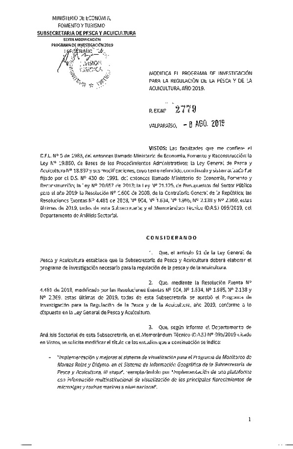 Res. Ex. N° 2779-2019 Modifica Res. Ex. N° 4481-2018 Aprueba programa de investigación para la regulación de la pesca y de la acuicultura, año 2019. (Publicado en Página Web 08-08-2019)