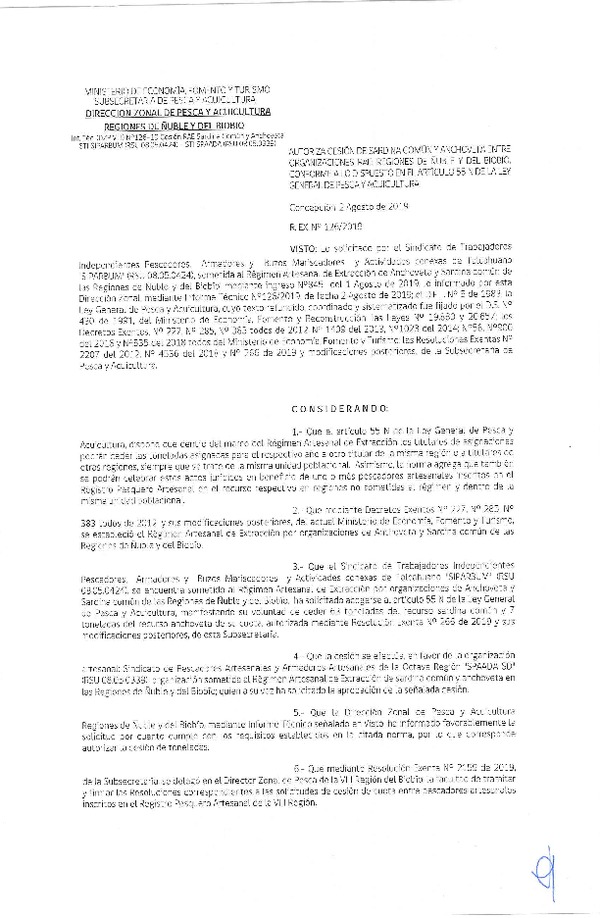 Res. Ex. N° 126-2019 (DZP VIII) Autoriza cesión Anchoveta y sardina común Regiones de Ñuble y del Biobío.