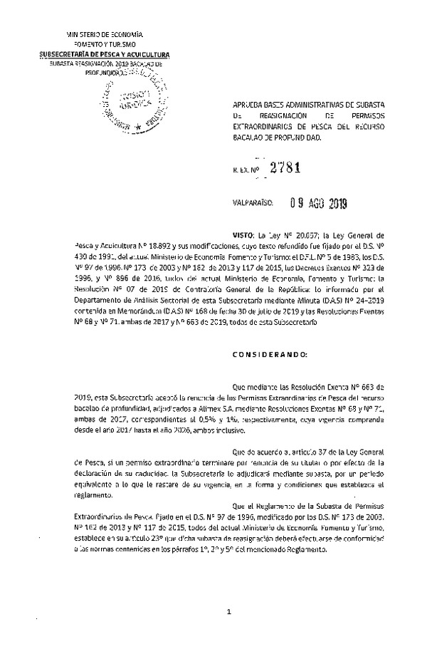 Res. Ex. N° 2781-2019 Aprueba Bases Administrativas de Subasta de Resignación de Permisos Extraordinarios de Pesca del Recurso Bacalao de Profundidad. (Publicado en Página Web 12-08-2019)