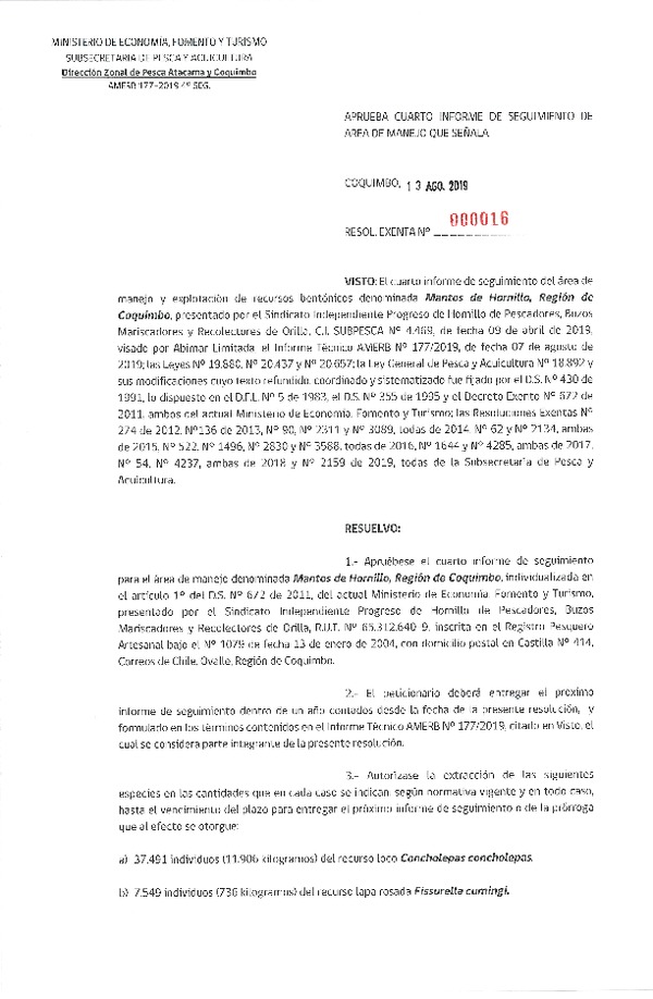 Res. Ex. N° 16-2019 (DZP Regiones de  de Atacama y Coquimbo) 4° Seguimiento.