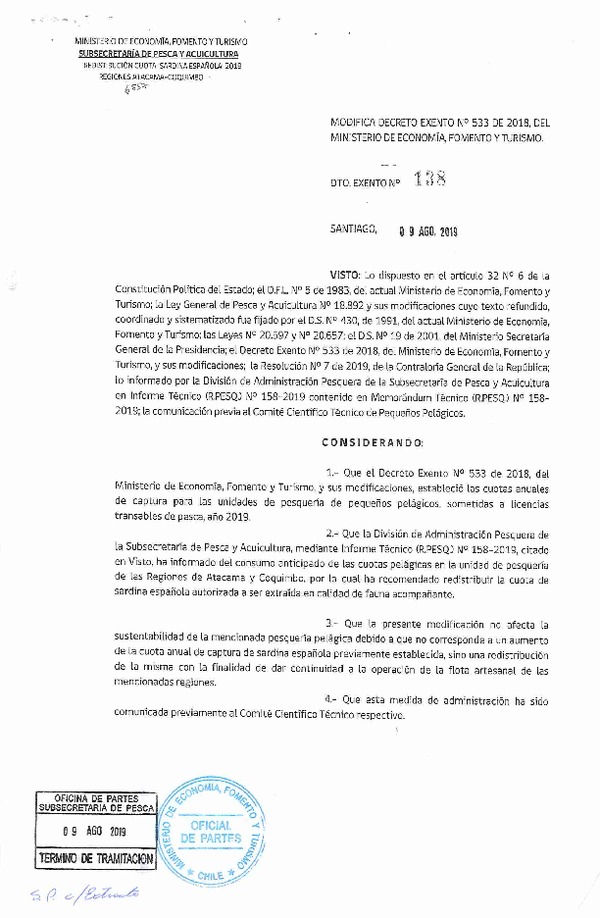 Dec. Ex. N° 138-2019 Modifica Dec. Ex. N° 533-2018 Establece Cuotas Anuales de Captura de Unidades de Pesquerías de Recursos Pelágicos Pequeños que Indica Sometidas a LTP, Año 2019. (Publicado en Página Web 16-08-2019) (F.D.O. 19-08-2019)