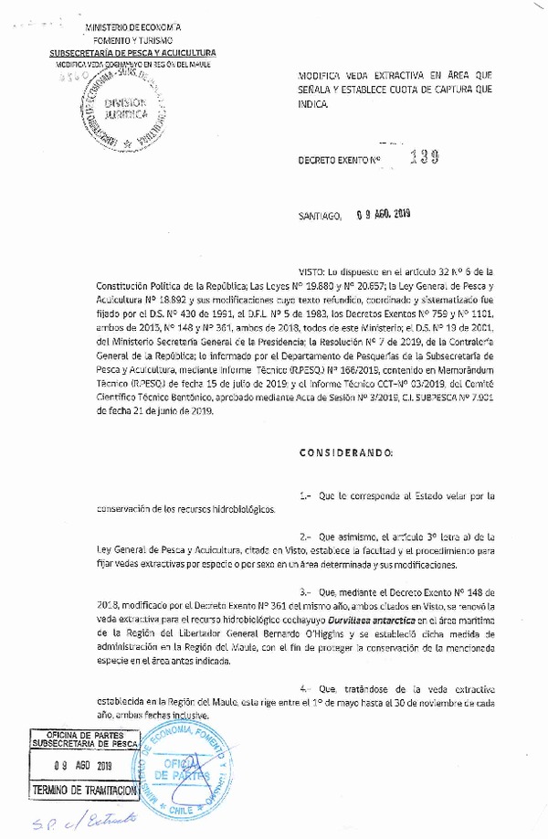 Dec. Ex. N° 139-2019 Modifica Dec. Ex. N° 148-2018 Veda Extractiva y Establece Cuota de Captura para el Recurso Cochayuyo, Región del Maule. (Publicado en Página Web 16-08-2019) (F.D.O. 19-08-2019)